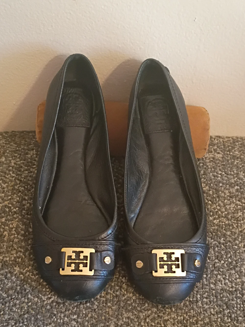 Tory Burch Black Leather Flats with Gold Logo Accent